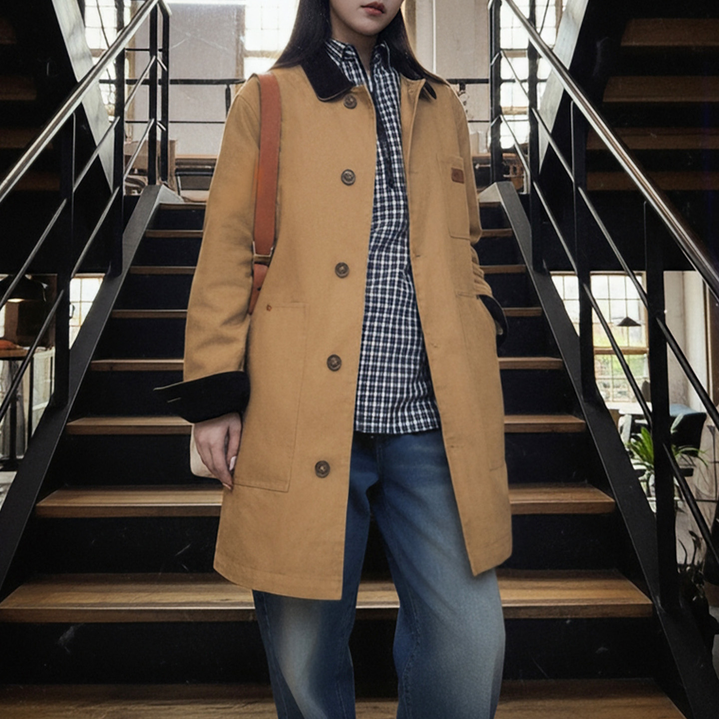 Maden femme kaki mi-longue toile veste col velours côtelé vêtements de travail manteau coupe ample rétro automne hiver vêtements d'extérieur
