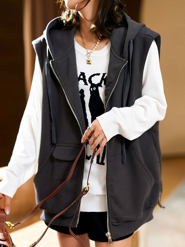 Manteau gris foncé à capuche avec fermeture éclair pour femme, manteau polyvalent, haut décontracté, vêtements tendance, mode coréenne, nouveau, automne, hiver, 2023