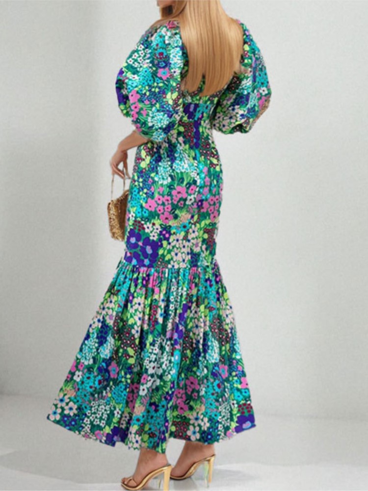 Robe imprimée à la mode pour femmes, décontractée, col rond, manches bouffantes, taille haute, vêtements de fête élégants, nouvelle collection été