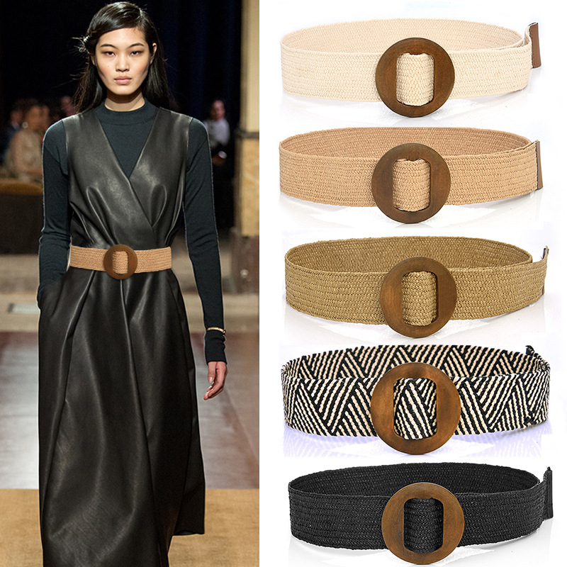 Ceinture de taille tressée Vintage pour femmes, style Boho, rond, carré, léopard, boucle en bois, fausse paille, large, offre spéciale