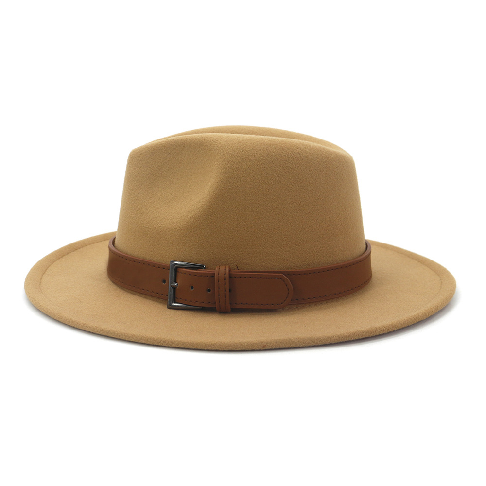 QBHAT-Chapeau en feutre de laine Fedora anderpour hommes et femmes, haute qualité, ceinture marron, grande casquette à bord, Jazz Trilby, fête, mariage