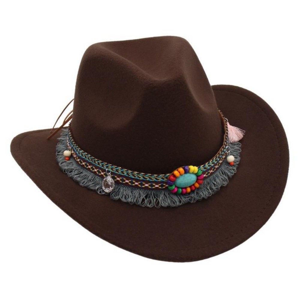 Chapeau de cowboy occidental style ethnique avec pompons, couleur unie, style tibétain, chapeau haut de forme pour femmes et hommes, large bord, corde colorée, chapeau Fedora Jazz