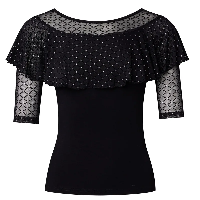 Vêtements de danse latine en maille Patchwork pour femmes, hauts d'entraînement pour femmes, Costume noir et blanc, T-shirt de sport Samba avec strass à volants pour le ventre, nouvelle collection