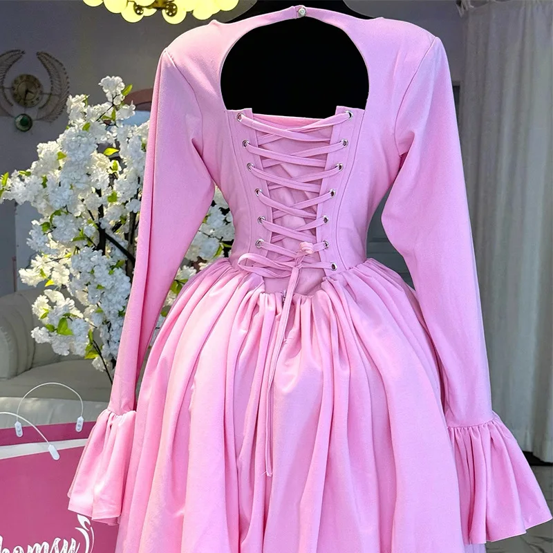 Robe mi-longue pour femmes, ligne A, plissée, col rond, décontractée, élégante, rose, tenue de soirée, taille haute, nuit, mariage, à lacets