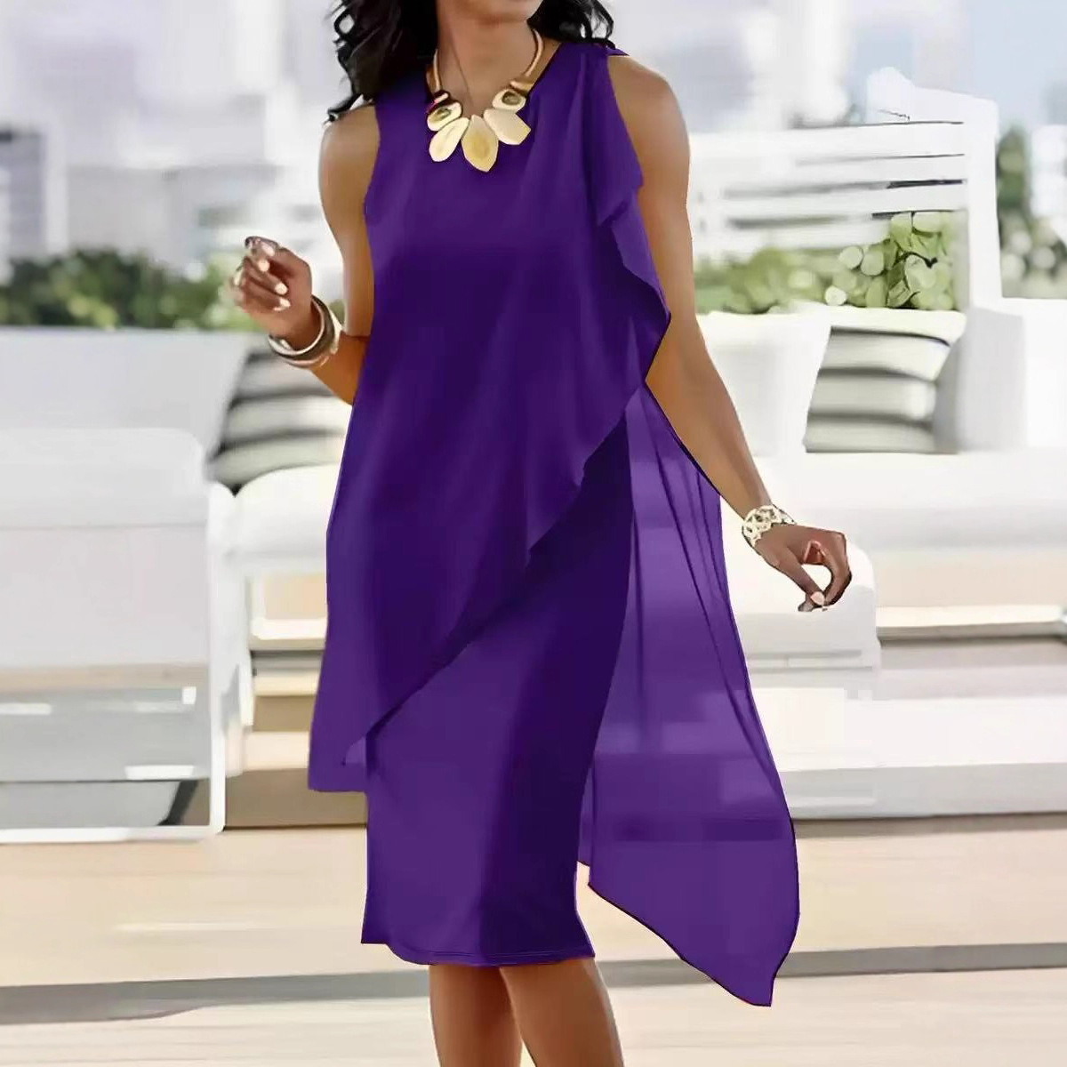Robes pour femmes 2026 – Nouvelle collection été : Robe élégante en mousseline asymétrique sans manches, col rond, longueur genou – Vêtements féminins
