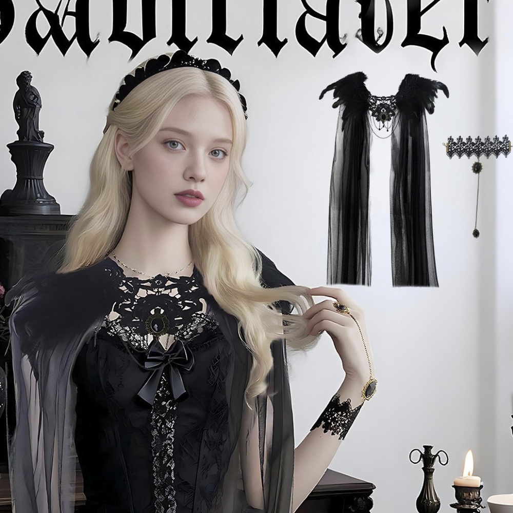 Châle gothique en dentelle brodée de plumes, cape de sorcière d'halloween, écharpe enveloppante de cou noire, Bracelet, accessoires de Costume de Cosplay d'halloween