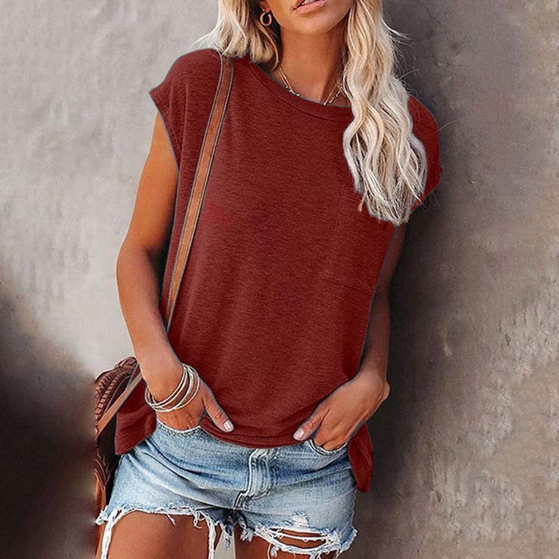 T-Shirt à Manches Courtes et Col Rond pour Femme, Haut Décontracté, artificiel astique, Couleur Unie, Taille de Poche Réglable, Vêtements Assortis, Été