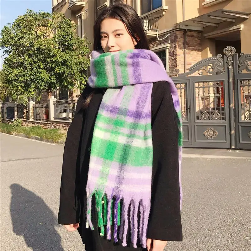 Écharpe en mouton épaisse et douce, style coréen, à franges, à carreaux, classique, en laine tricotée, pour l'automne et l'hiver, pour la chaleur et la mode