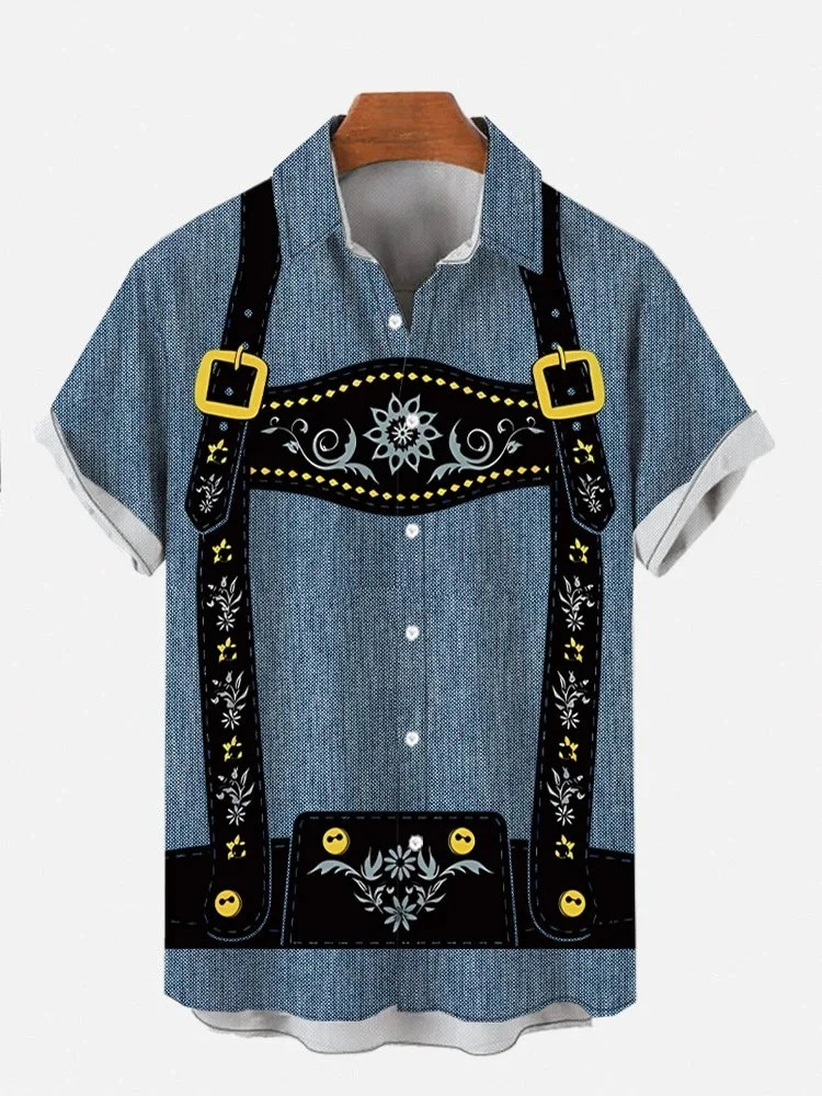 Chemises Hawaïennes à Manches Courtes pour Hommes, Nouveauté, Imprimé Complet, Motif Carreaux Bleus Classiques et Style Salopette, pour la Plage et l'Oktoberfest