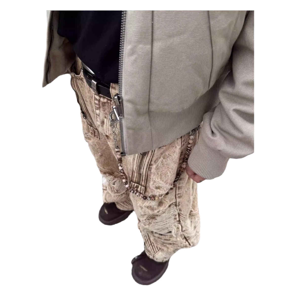 Jean en denim marron clair déchiré et plissé, coupe droite ample, style américain urbain, unisexe, poids lourd
