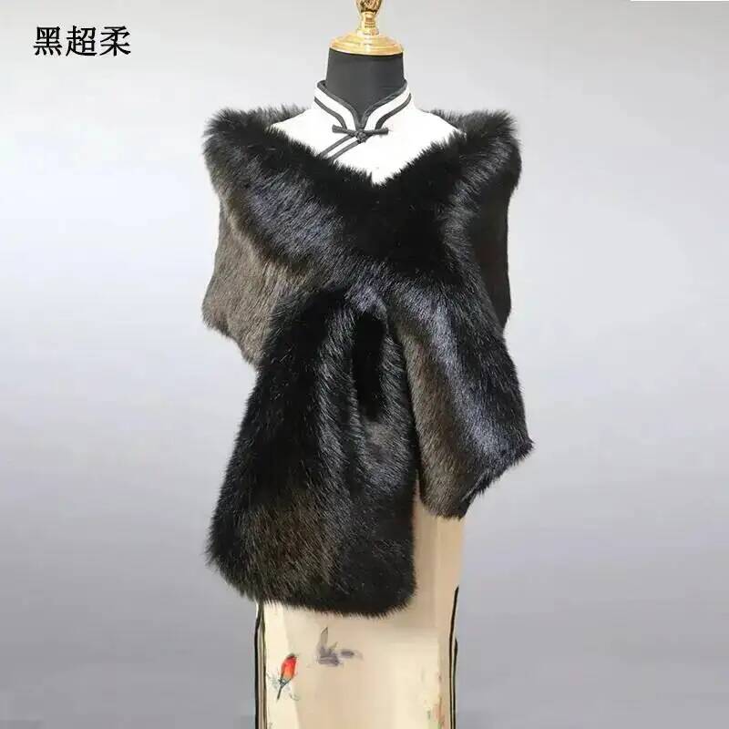 Écharpe en peluche pour femme, châle de luxe chaud en fausse fourrure de renard, cape longue pour mariage, taille 165*30cm