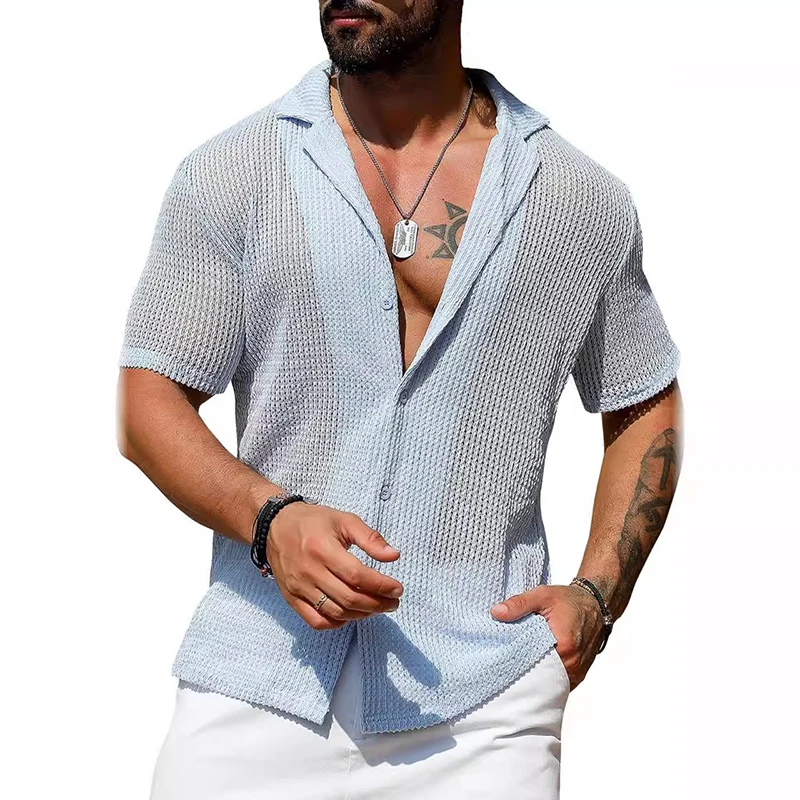 Streetwear mode tricots hommes chemise Sexy voir à travers hauts en tricot hommes été décontracté bouton revers à manches courtes évider chemise