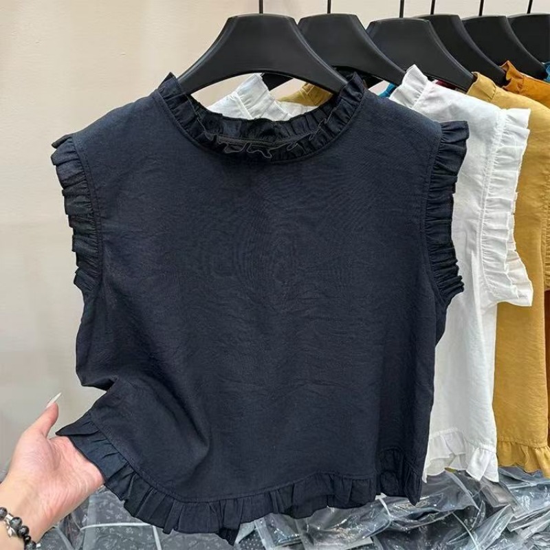 Chemise sans manches en dentelle épissée pour femmes, nouveau Style coréen, mode polyvalente, col rond, haut ample de couleur unie, 2025
