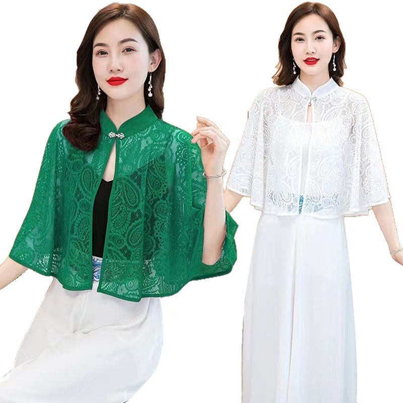 Châle-manteau printemps-été, écharpe fine, cardigan à manches longues en dentelle, col montant, poncho polyvalent