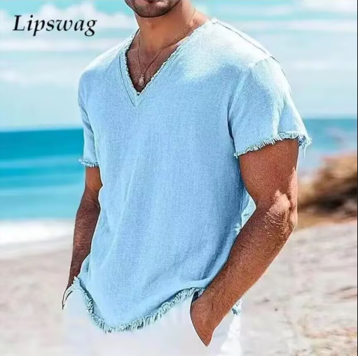 Chemises d'été rétro en coton et lin pour hommes, col en v, chemises de plage décontractées à manches courtes, hawaïennes, T-shirt personnalisé pour l'extérieur