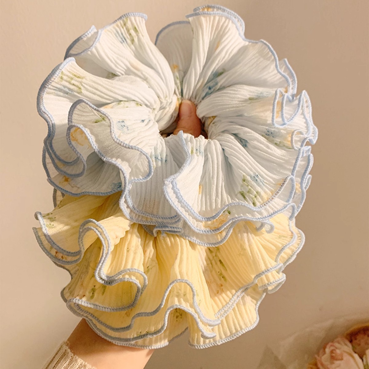 Grands chouchous élégants bleus à motifs floraux pour femmes, élastiques, accessoires de mode pour cheveux, coiffes stylées