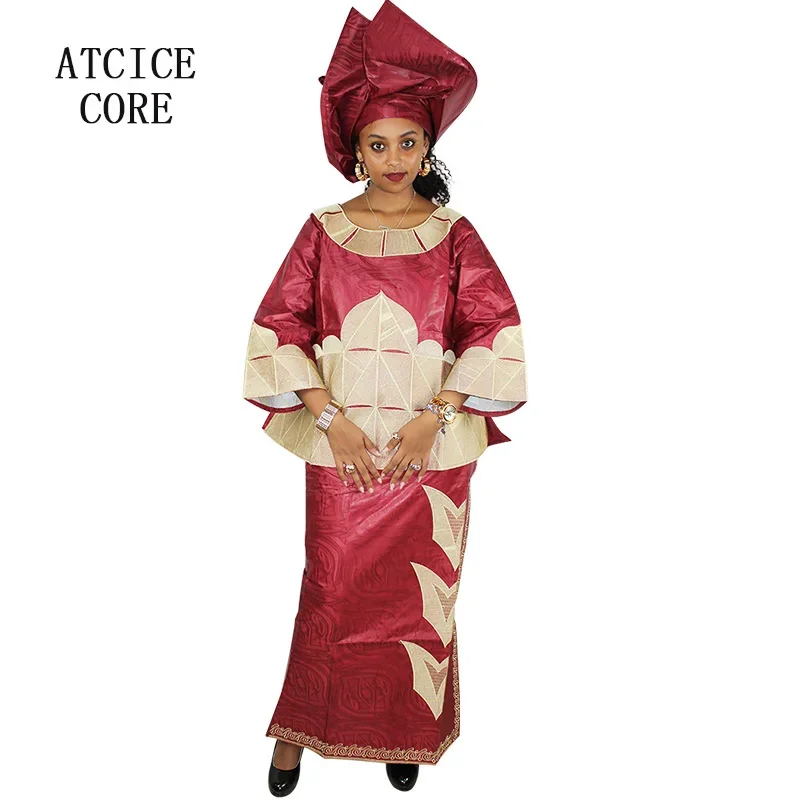 Robe Africaine Longue en Tissu Bazin Riche avec Broderie pour Femme, Tenue avec Cravate pour Sauna