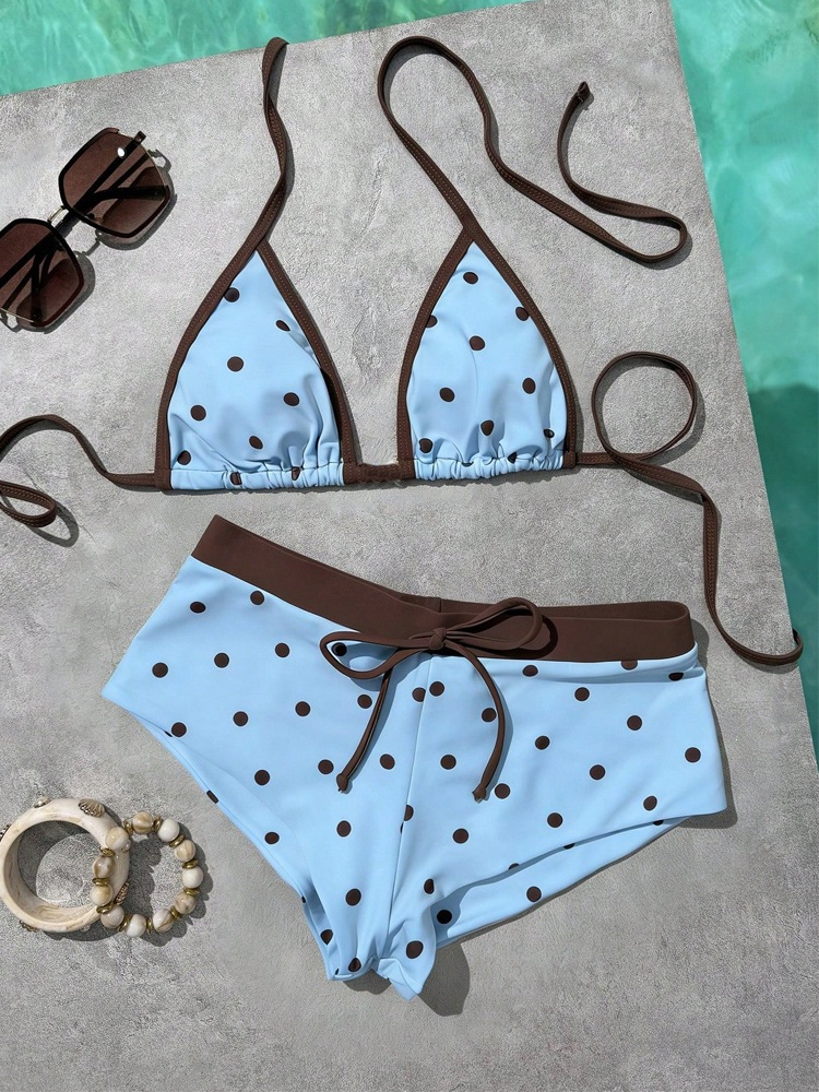 Ensemble bikini brésilien à pois pour femme, haut triangle sexy, dos exposé, bas string à fentes latérales, maillot de bain deux pièces