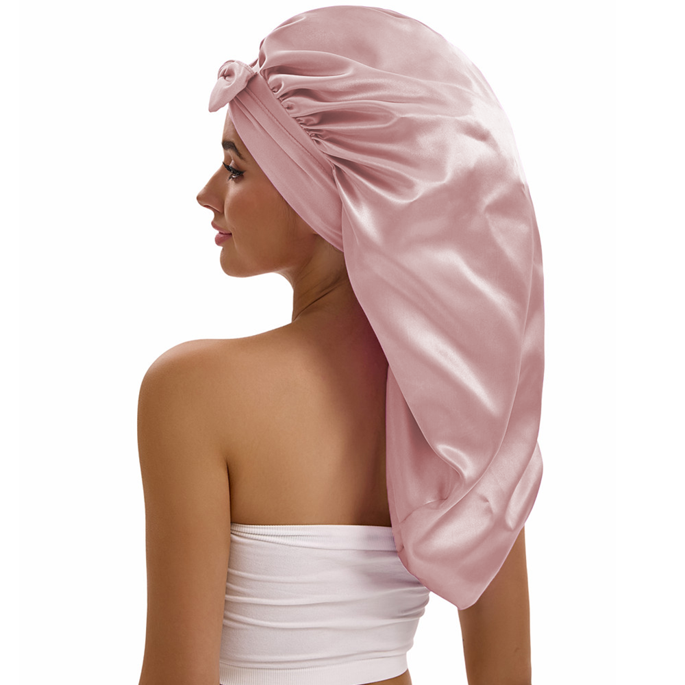 Bonnet long en satin pour femme avec nœud - Bonnet de nuit en soie extra large pour tresses bouclées, couvre-cheveux de nuit à bande élastique