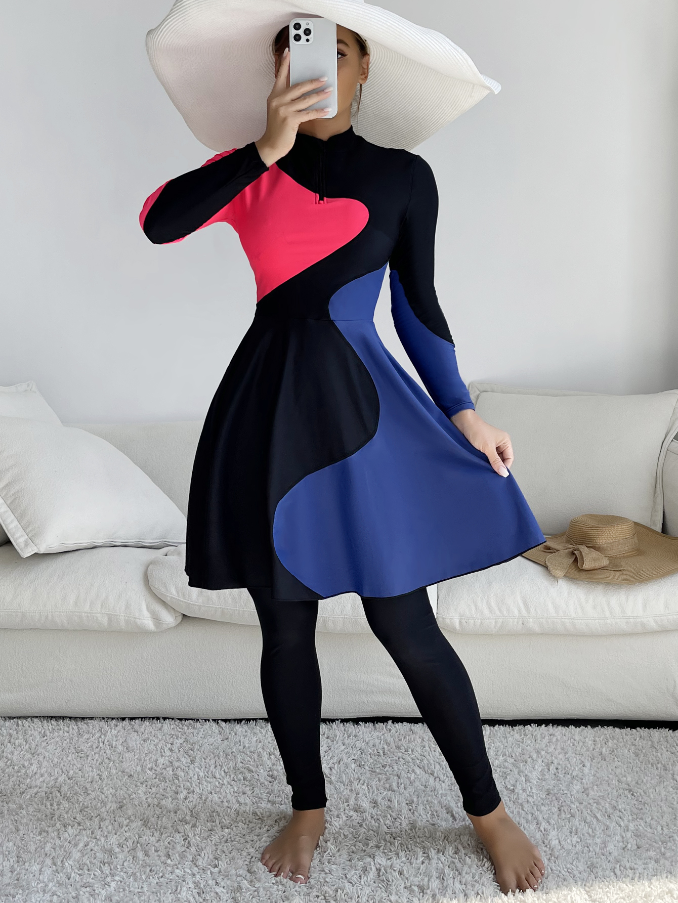 Burkini patchwork bleu et rouge pour femme musulmane, robe longue et culotte, maillots de bain à couverture complète, nouveaux maillots de bain modestes, 2 pièces