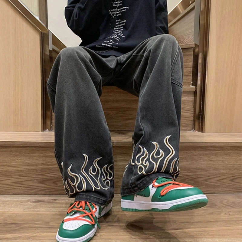 Jean à Jambes Larges pour Homme, Vêtement en Denim, avec Broderie de Flamme, Style Baggy Hip Hop, Décontracté, à la Mode, 2023