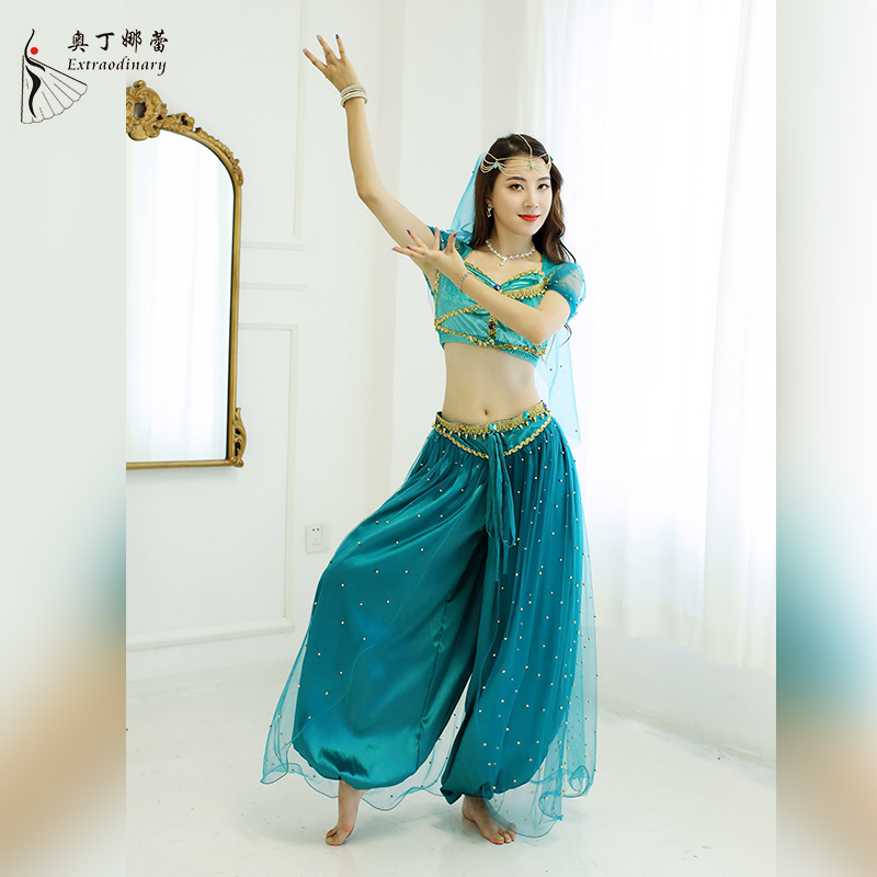 Costume de danse orientale Aladdin, tenue de cosplay d'Halloween, ensemble haut et pantalon avec voile indien Bollywood, couleur turquoise, pour femmes/filles, costume de fête