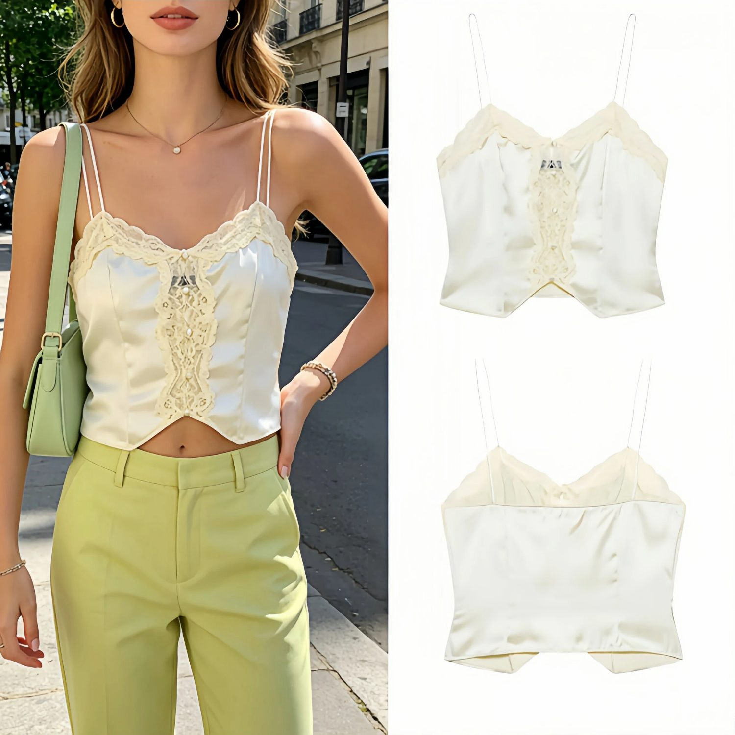 Nouveau débardeur court en satin pour femme, collection été 2026, avec dentelle, sexy, élégant et tendance