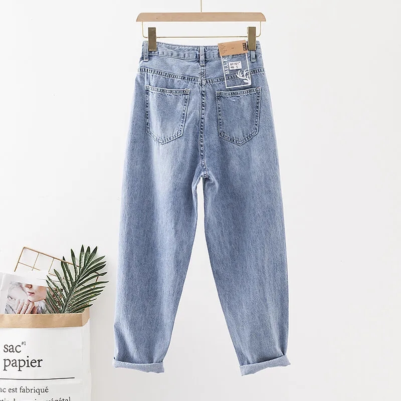 Jean en denim taille haute ample pour femme, style décontracté vintage, coupe baggy harem, pantalon fuselé extensible pour le quotidien, collection printemps