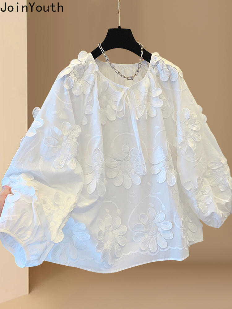 2025 Blusas Mujer De Moda Blouses blanches femmes vêtements col rond à manches longues chemises florales mode ample doux coréen Blouse hauts