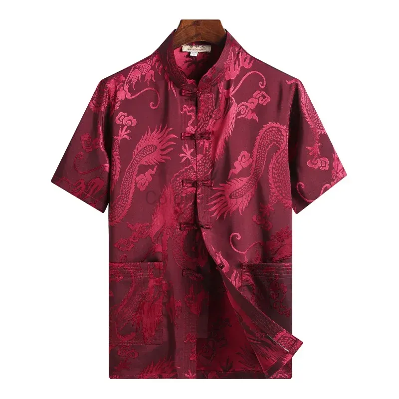 Vêtements traditionnels chinois pour hommes, costume Tang rouge Hanfu, chemise à manches courtes, Vintage Kung Fu chinois, hauts brodés