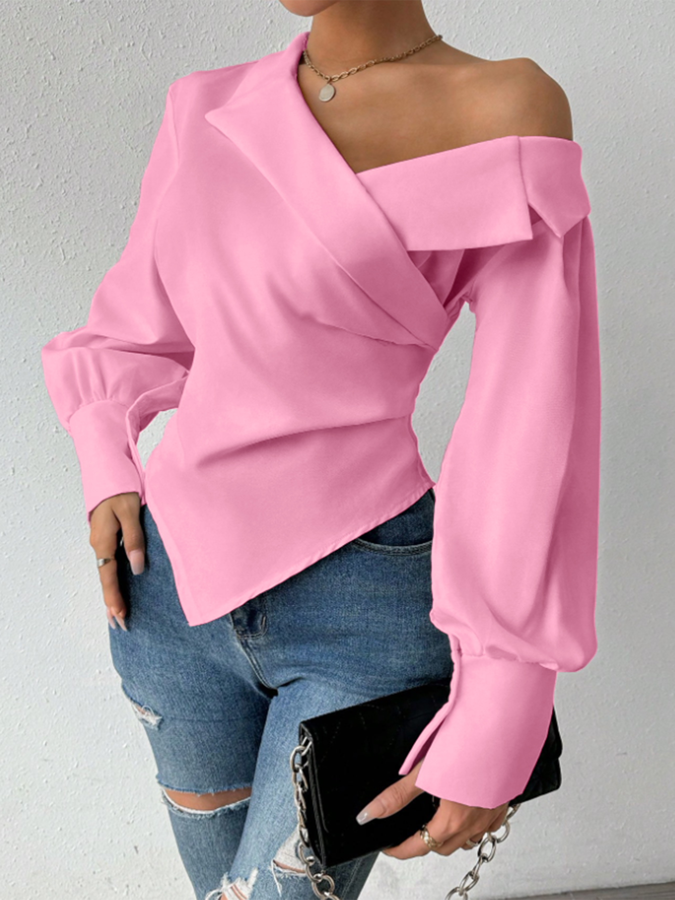T-Shirt femme printemps été rose épaules dénudées manches longues croisé devant ourlet asymétrique élégant quotidien décontracté haut de rencontre