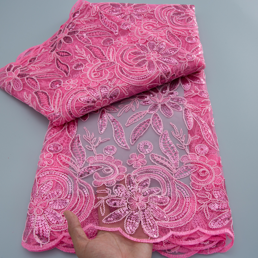 Tissu de dentelle en tulle africain nigérian de luxe avec sequins, tissu de dentelle brodé français en maille de haute qualité, 5 yards pour la confection de vêtements féminins