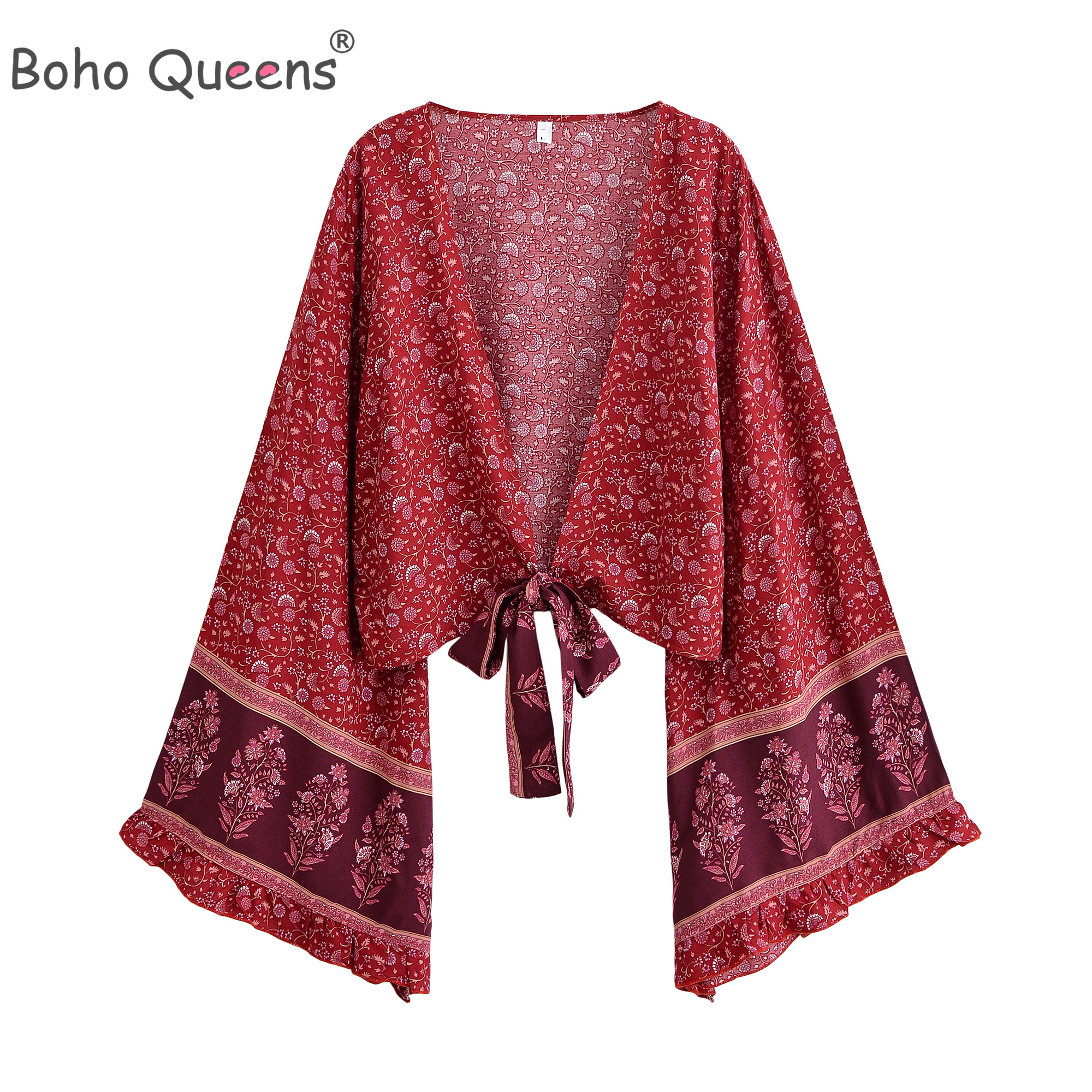 Kimono Bohème à Imprimé Floral en Rayonne pour Femmes, Hauts de Vacances d'Été, Crop Top à Volants et Manches Évasées avec Nœud sur le Devant, Cache-maillots de Plage Bohème