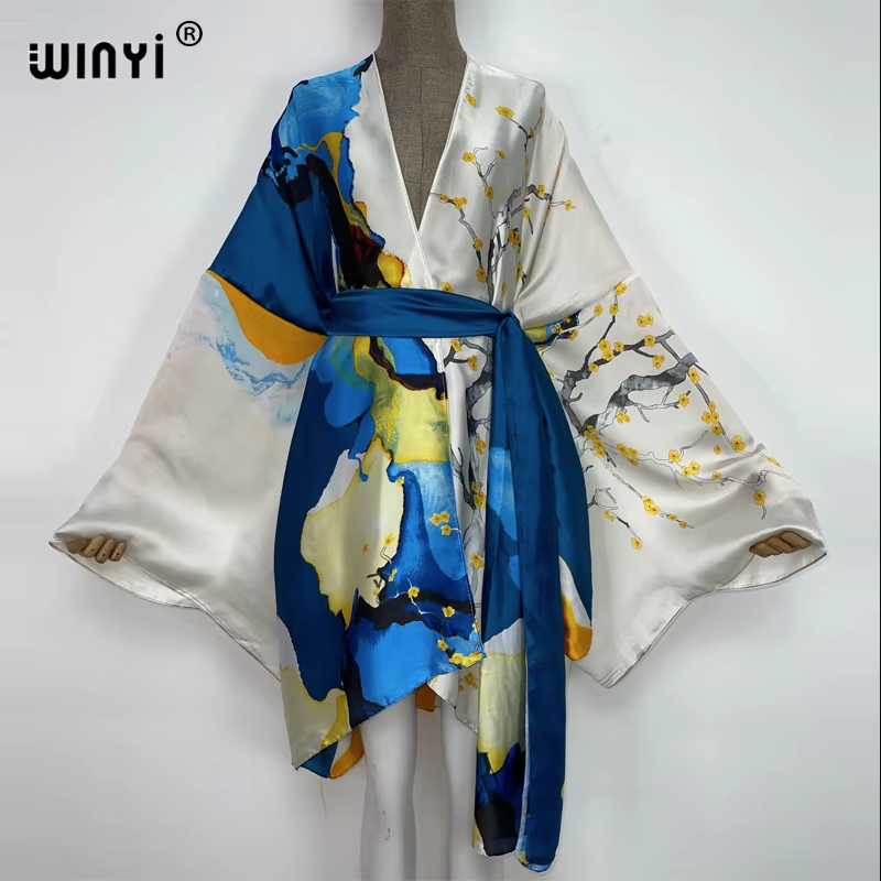 WINYI Kimono de défilé pour femme, imprimé, à ourlet bouffant, manteau, cardigan à manches longues, abaya, vêtement de plage de luxe de Dubaï, robe bohème, caftan