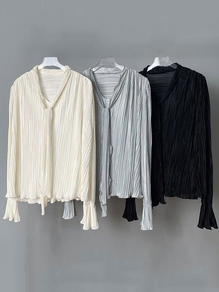 Chemisier plissé à manches longues pour femme, haut basique à col en V à volants, élégant, décontracté, surdimensionné, vêtements de bureau pour femme, cravates de luxe, coréen, chic
