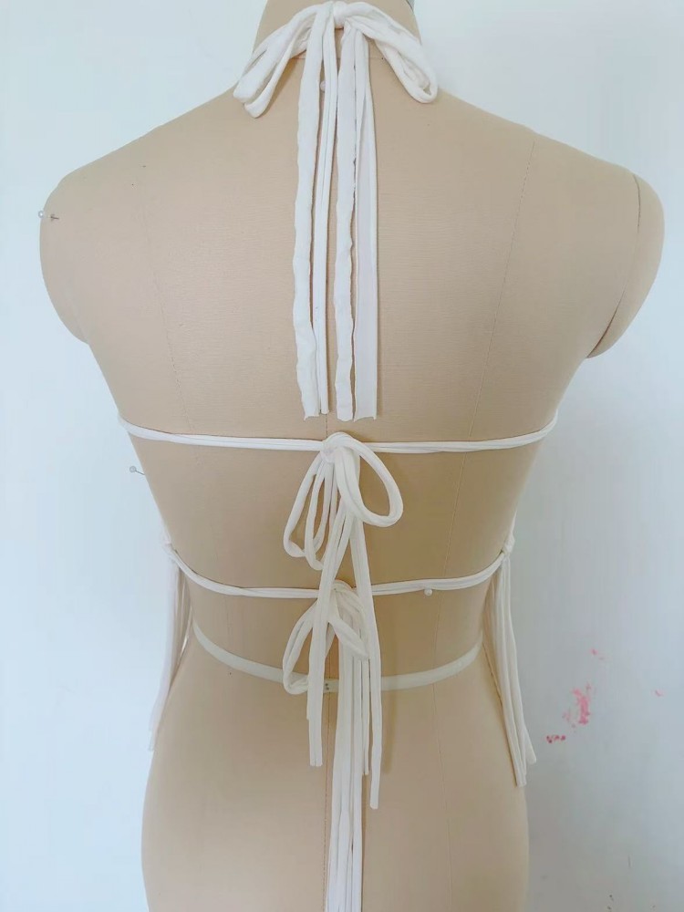Débardeur court bohème pour femme, dos nu, à nouer autour du cou, avec broderie et pompons, style suspender