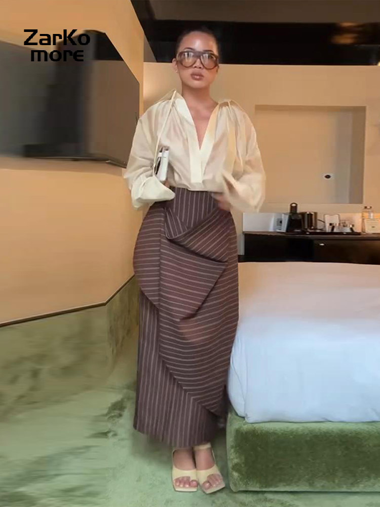 Ensemble chic chemise et jupe pour femme, col à revers ample, décolleté en V profond, manches longues, chemise transparente à lacets, jupes irrégulières à rayures, costumes 2026