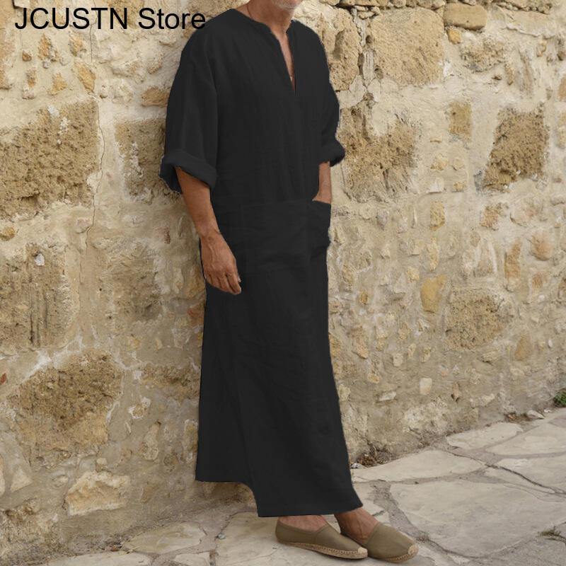 Grande taille hommes couleur unie Robe musulmane rétro arabe islamique Robe longue décontracté coton lin longue caftan moyen-orient vêtements islamiques