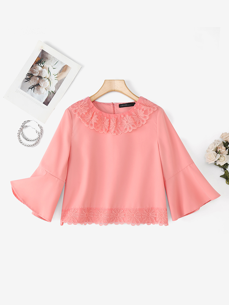 Femmes élégantes Blouses 2025 ZANZEA élégant bureau chemise femme col rond dentelle Patchwork hauts décontracté 3/4 manches coupe ajustée fête Blusas