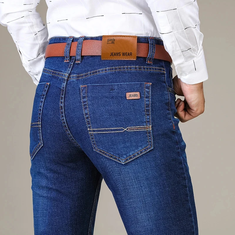 Jean d'affaires pour hommes, Style classique, décontracté, extensible, Slim, pantalon en Denim de marque, noir et bleu