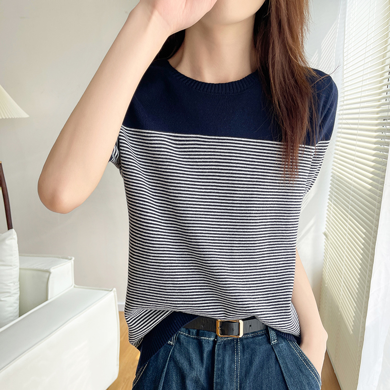 T-shirt rayé à manches courtes pour femmes, t-shirts pull, chemisier à col rond, été, 100% coton