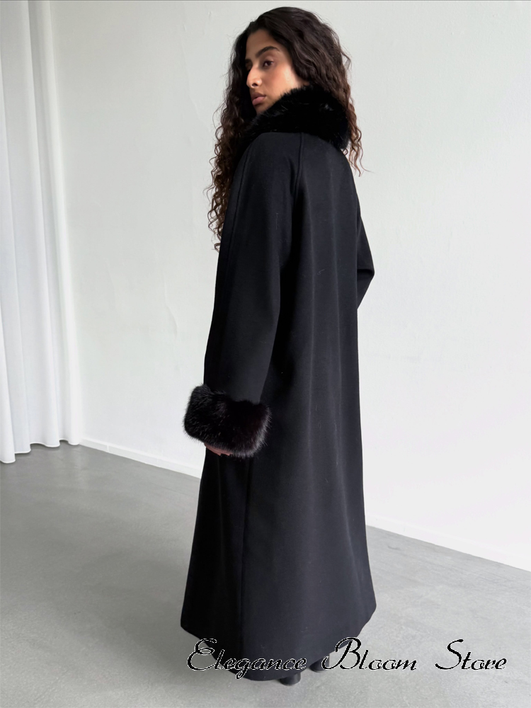 Manteau en laine mélangée pour femmes, uni, avec empiècements en fausse fourrure, col à revers, manches longues, à simple boutonnage, modèle 2026, vêtement chic pour femme.
