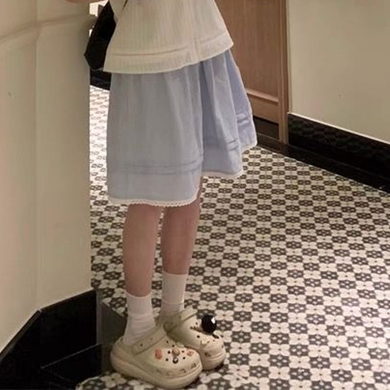 Jupes coréennes bleues à rayures, plissées, longueur genou, pour femmes, taille haute, nouvelle collection printemps-été, élégantes, avec patchwork en dentelle, coupe trapèze