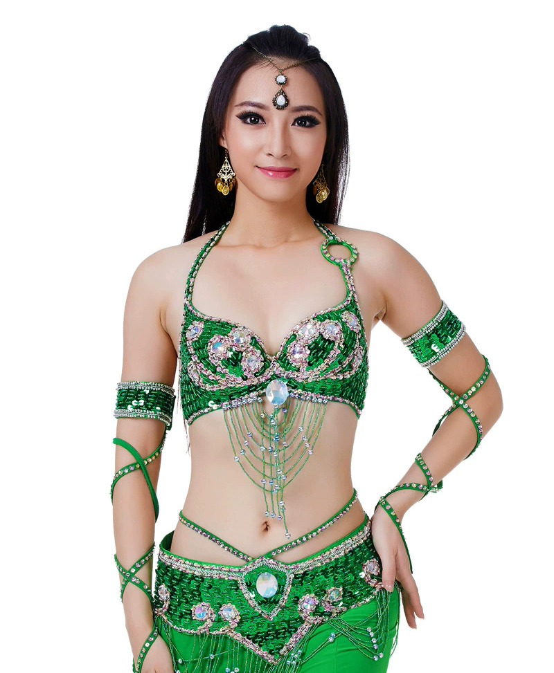Costumes de danse orientale pour femmes, costume 2 pièces, haut perlé de Style oriental, soutien-gorge et ceinture de spectacle de danse de groupe, tenue à paillettes brillantes