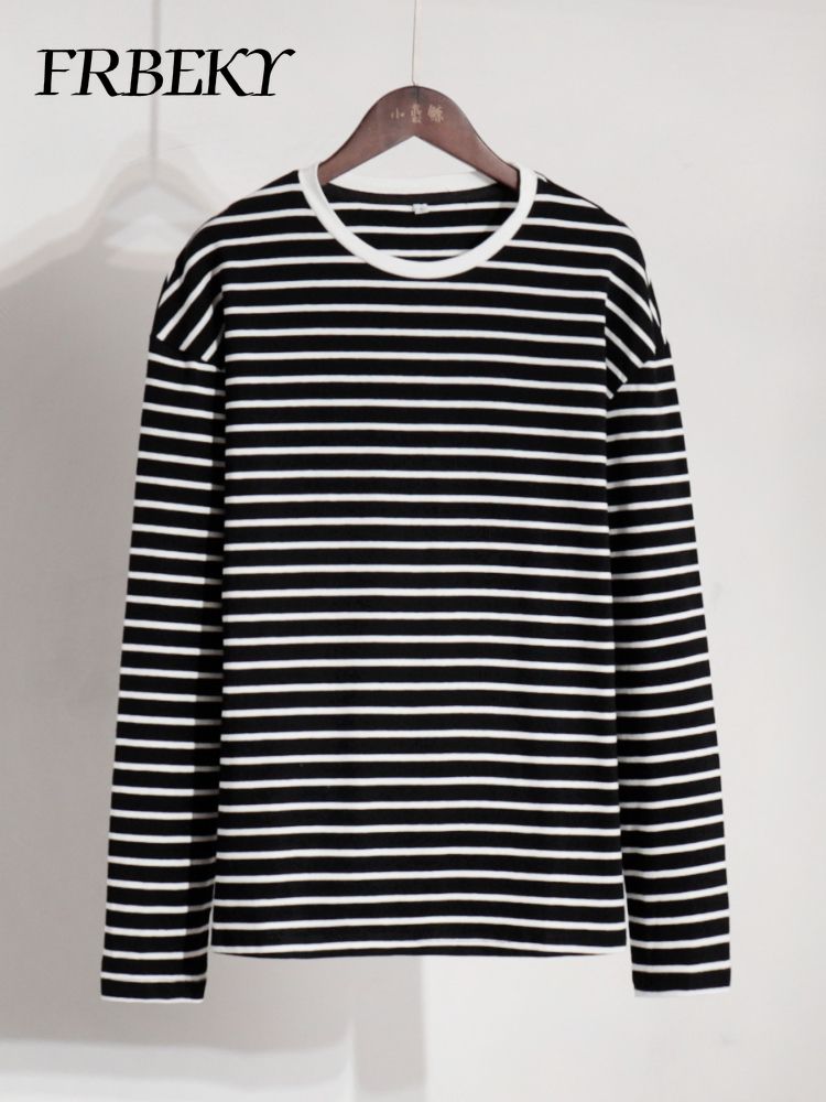 T-shirt Rayé à Manches sulfpour Femme, Chemisier Décontracté, Col Rond, en Coton, Harajuku, Nouvelle Collection Automne 2024