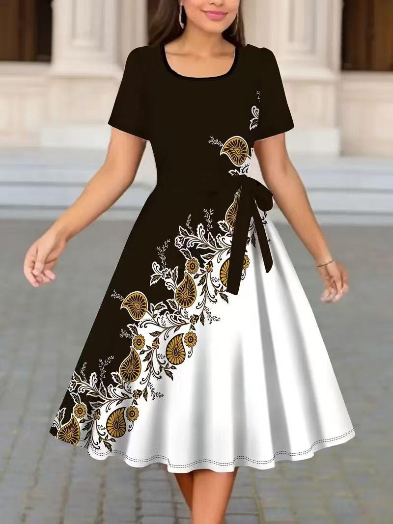 Robe mi-longue décontractée pour femme, imprimé floral, col rond, manches courtes, taille nouée, noire et blanche, élégante pour les fêtes