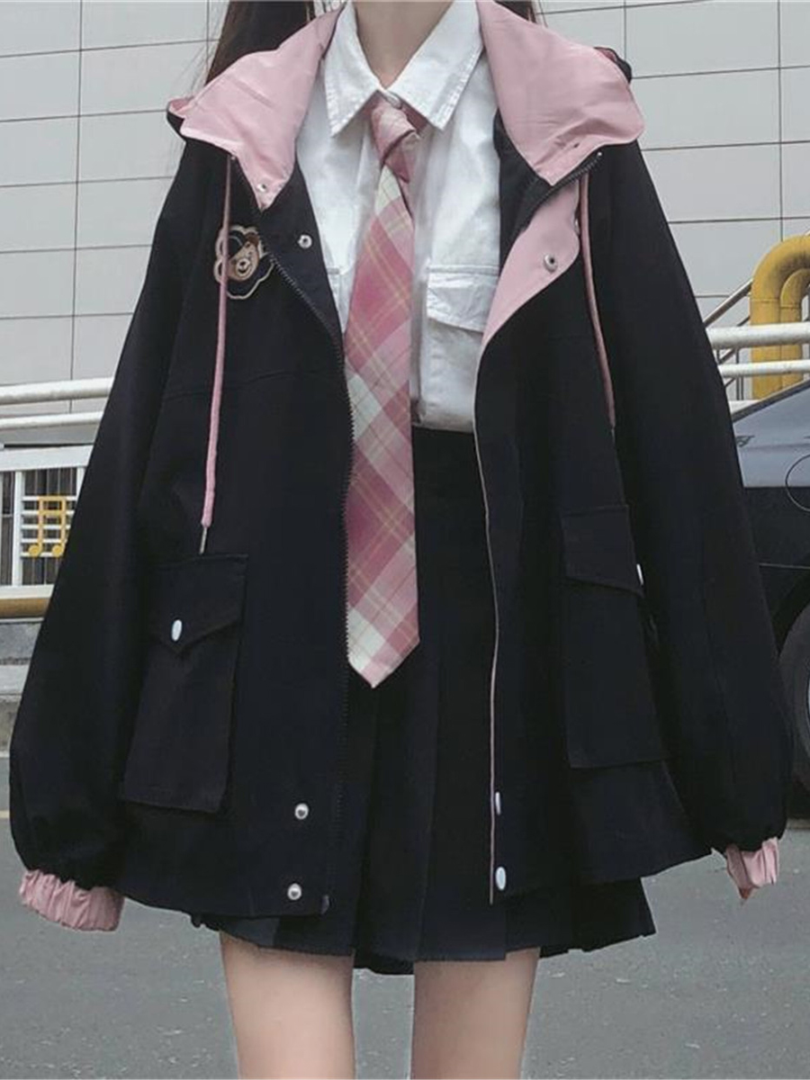 Veste Kawaii japonaise pour femmes, manteau à capuche surdimensionné de Style Preppy rose, mode coréenne, vêtements d'extérieur décontractés pour filles, automne 2023