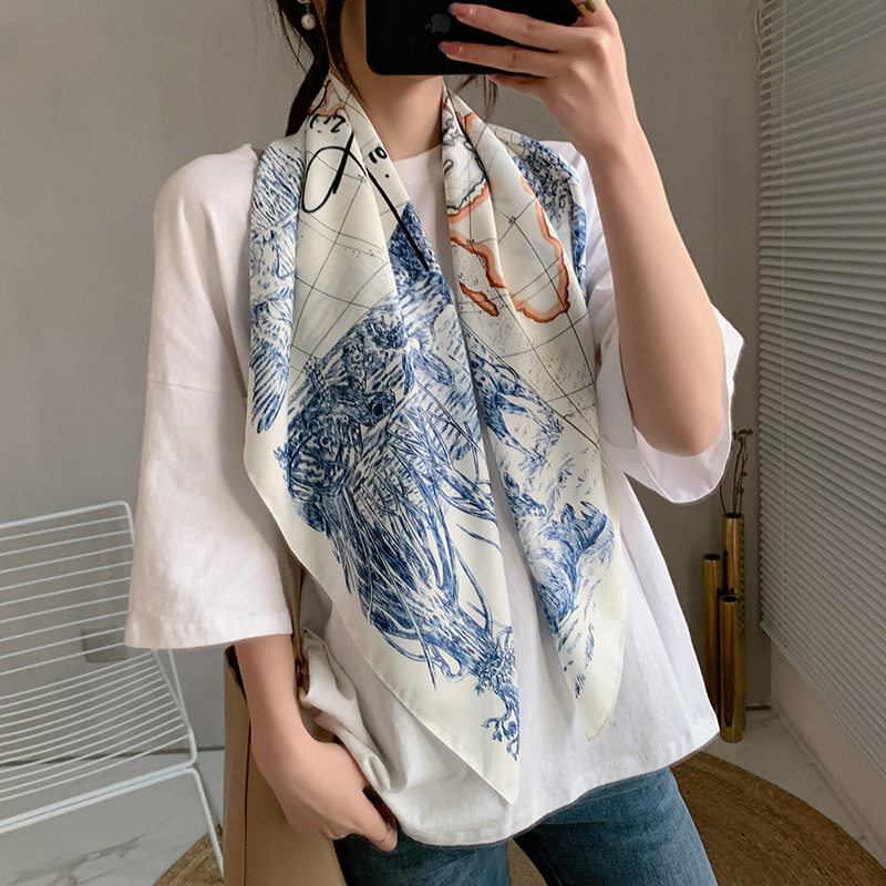 Nouvelle écharpe de luxe en soie sergée fine de 90 cm pour l'été, grand châle carré, foulard pour femme, imprimé Népal, voile pour femme