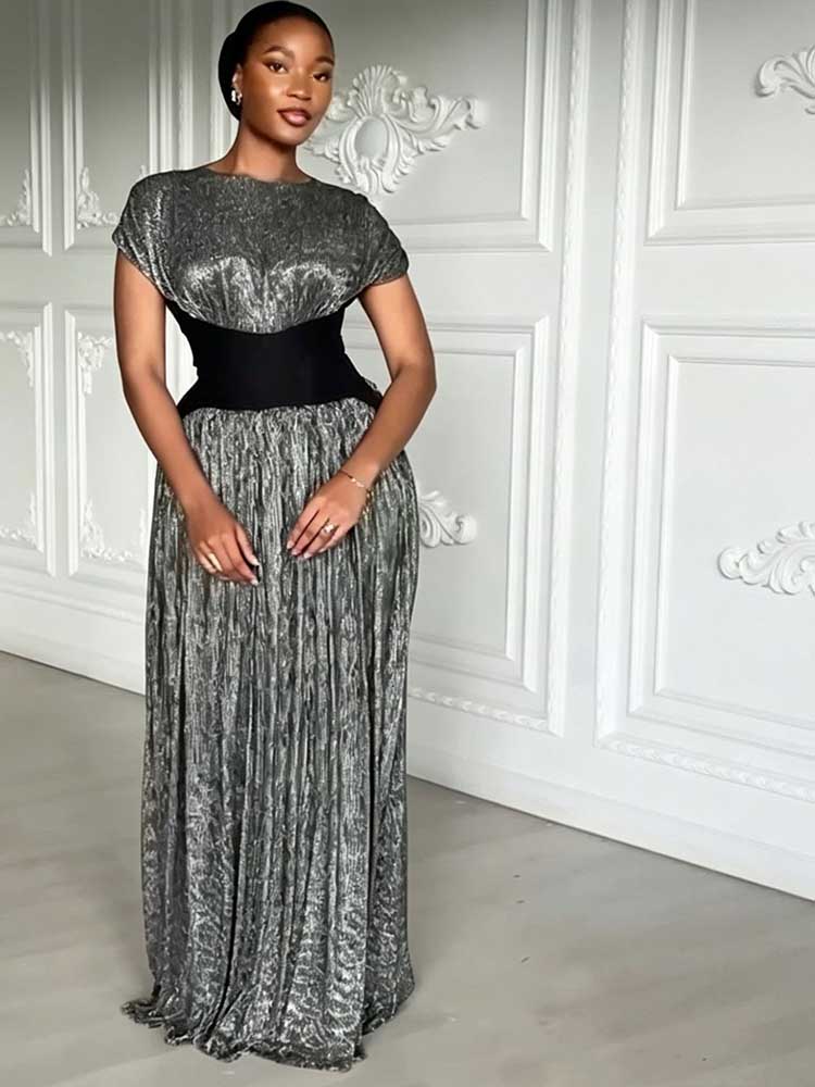 Robes noires pour femmes, robe de soirée élégante à manches courtes pour femmes rondes, robe longue plissée vintage chic