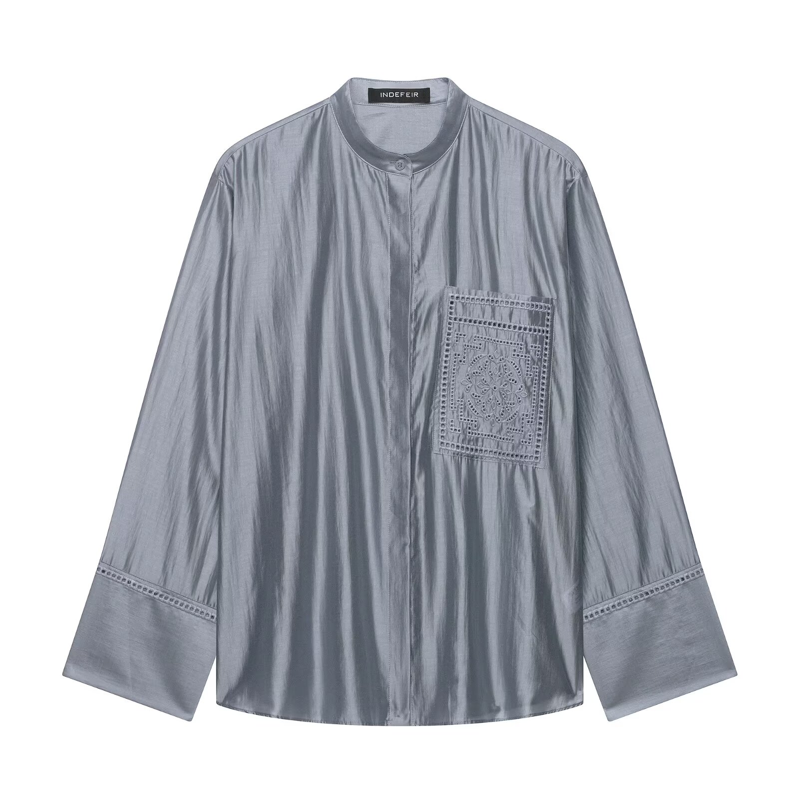 Chemisier élégant texturé BSAY pour femme, col mandarin, patte de boutonnage entièrement ouverte, broderie, poche, manches longues, coupe ample, chemise de bureau